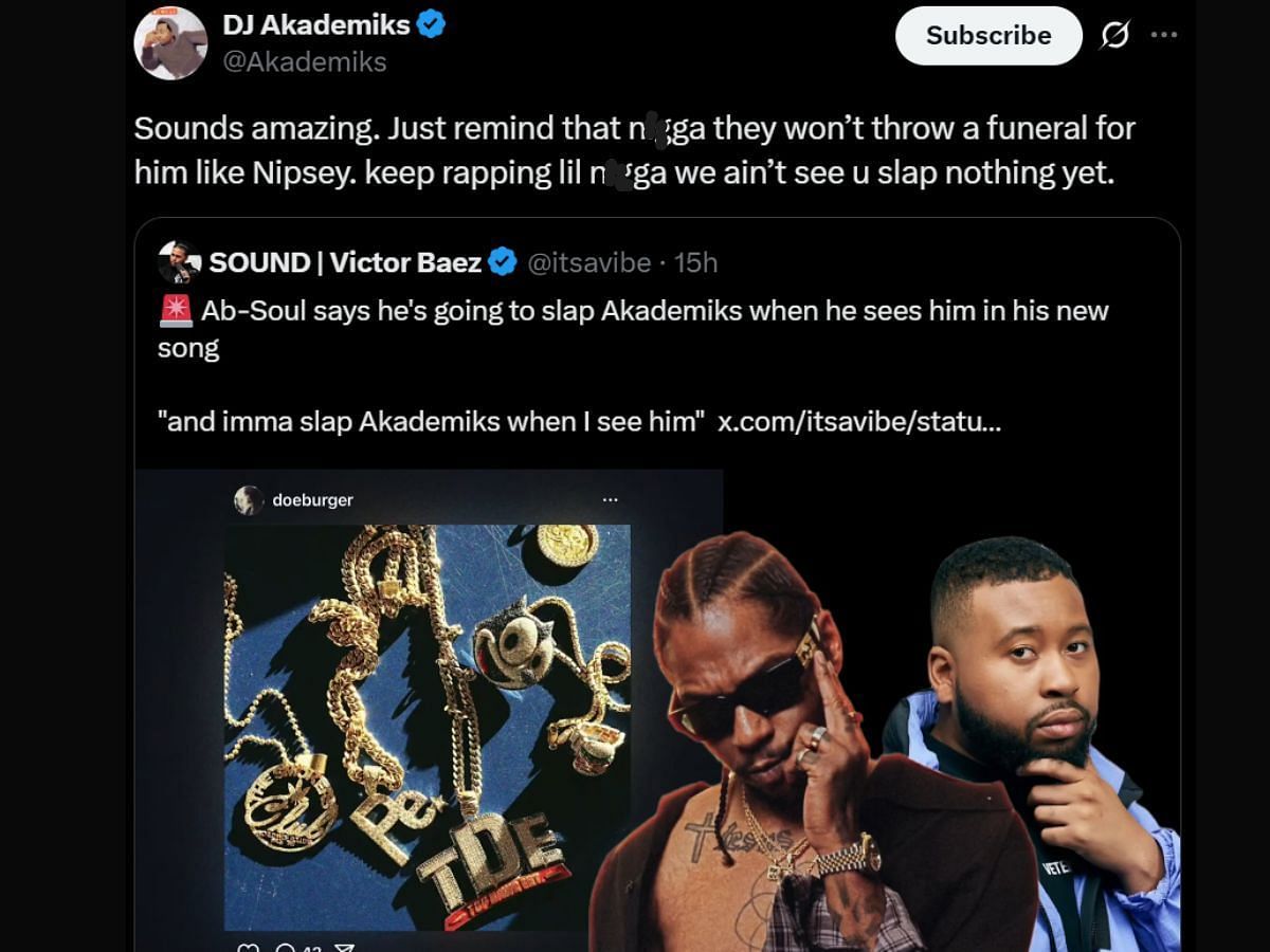 DJ Akademiks responds to the rapper's diss. (Image via X/@Akademiks)